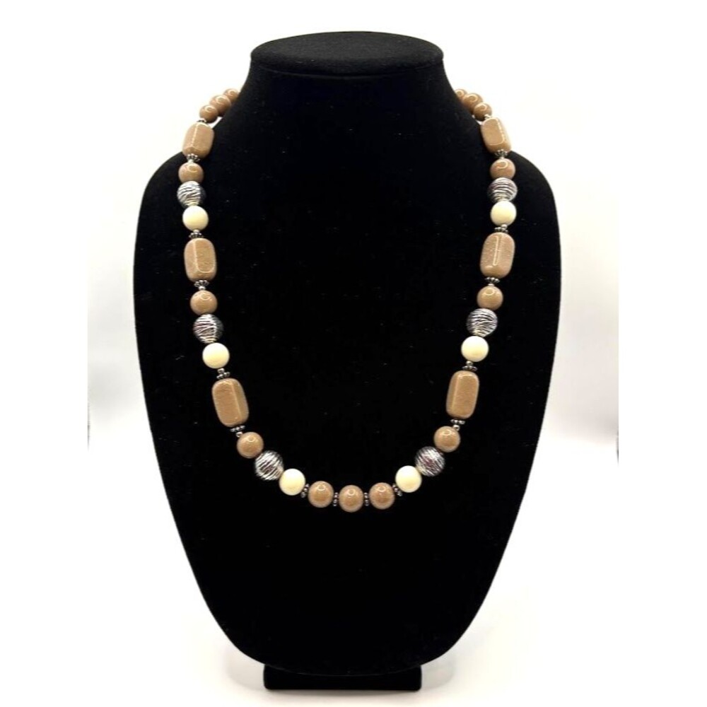 Long Glass Bead Necklace Taupe Cream Silver Tone Statement Fashion Jewelry 24"